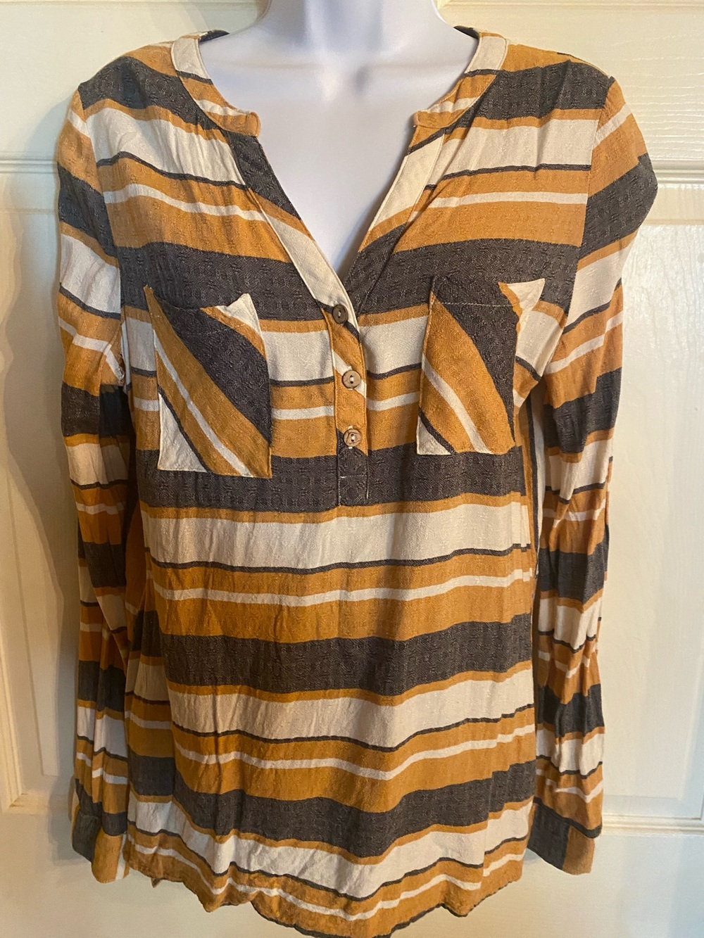 Doe & Rae Striped V-Neck Long Sleeve Top in Mustard, Cream & Charcoal